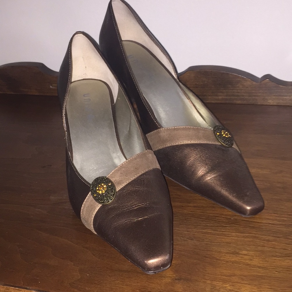 Bronze jeweled leather heels